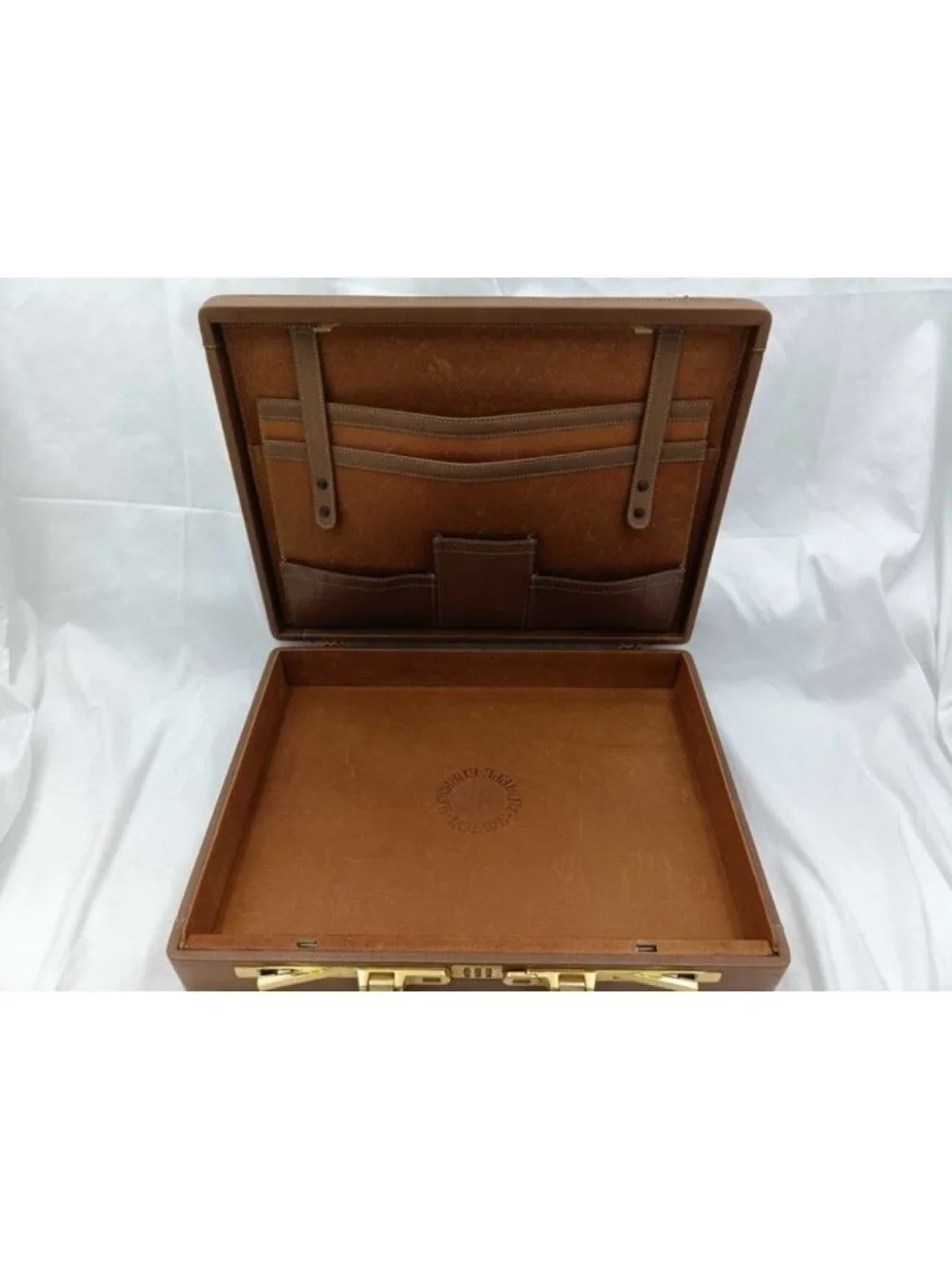 Loewe Attache Case Brown Leather Handbag Business Bag Gold